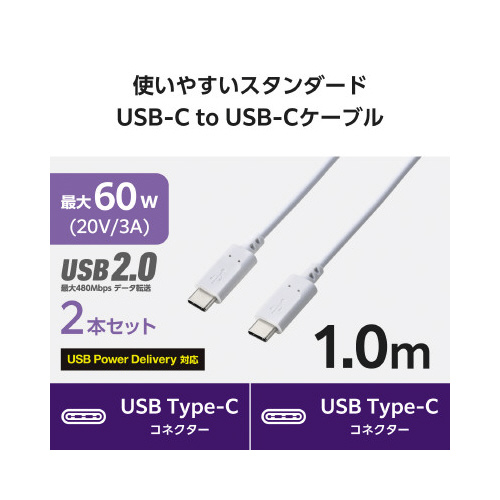 タイプCケーブル 2本セット 1m 白 白いコードが直線的に並ぶ状態、透明な包装に収められている様子。