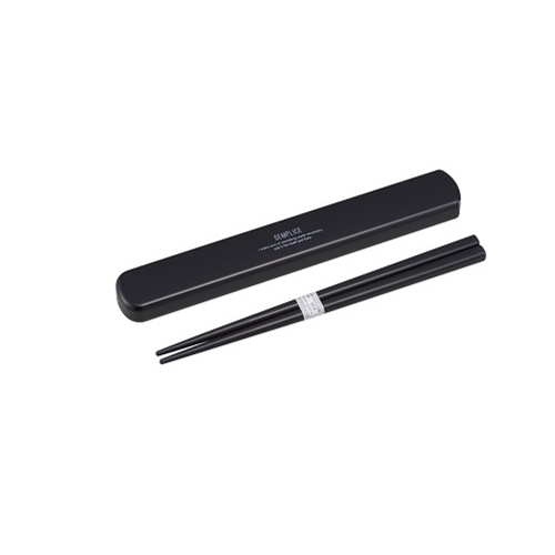 箸＆箸箱セット スライド式 センプリチェ 音が鳴らない 19.5cm スライド式のケースに収められた黒い箸が並んでいる様子