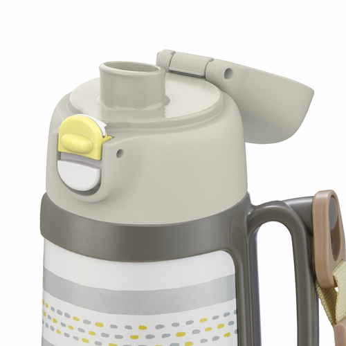 水筒　2WAYコップ&ダイレクトボトル　コップ　直飲み　450ml　保温　保冷　グレー コップ付きのボトルが斜めから見える状態で、持ち手が強調されている。