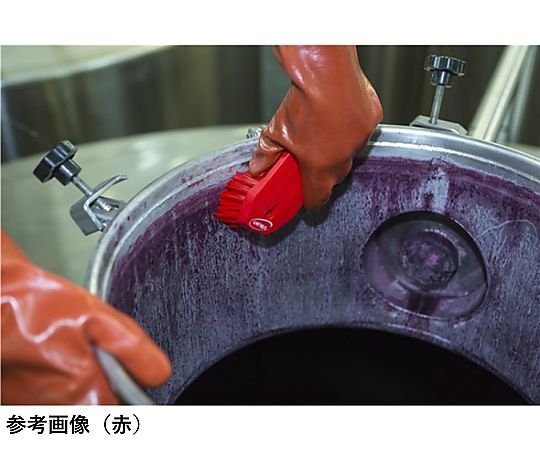 ハンドブラシ（ハード） イエロー 190×66×60mm 横向きに置かれた1本の黄色い本体と密に並んだ硬めの毛の様子