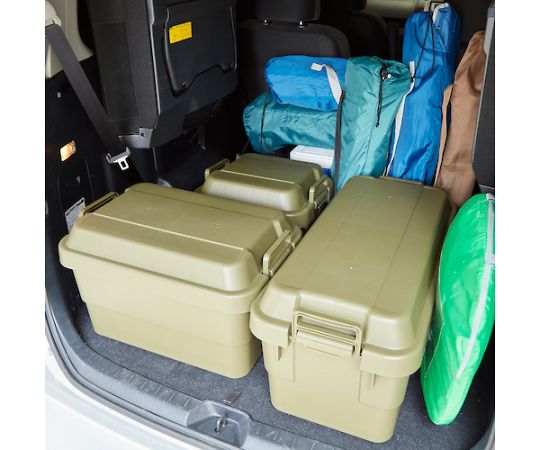 トランクカーゴ　70L　OD色 蓋が開いた状態で中が見える、OD色の収納ボックス