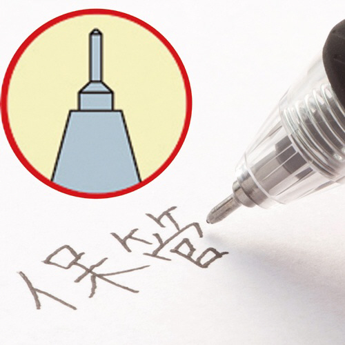 ノック式ゲルインクボールペン　ニードルタイプ　0.3mm　黒　1本 先端が細く、黒いボディのペンが横向きに置かれている様子