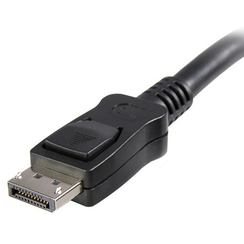 ラッチ付きDisplayPort1.2ケーブル　ブラック　3m　オス/オス　4K対応　1本 しっかりとしたラッチが付いた、曲がりのない黒いケーブルが横たわっている様子