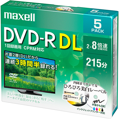 録画用DVD-R DL 215分 2-8倍速 ﾎﾜｲﾄﾜｲﾄﾞﾌﾟﾘﾝﾀﾌﾞﾙ 5mmｽﾘﾑｹｰｽ 1ﾊﾟｯｸ(5枚)
