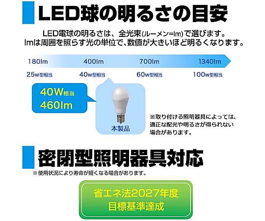 AC100V/ 40W/E17/電球/LED(昼光色) 縦向きに設置された透明な電球が明るく光っている様子