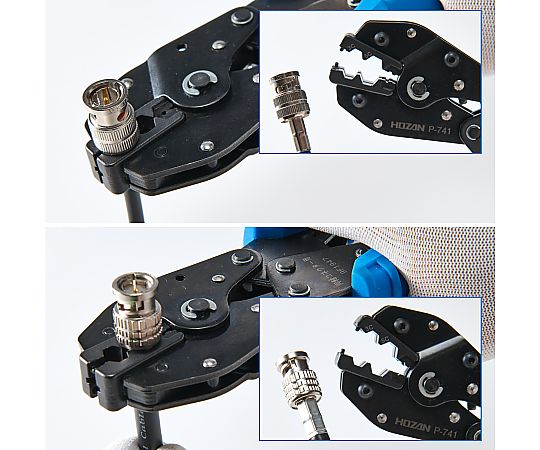 圧着工具 BNCコネクター用　6.8/9.0㎜ 工具のハンドル部分が見える状態で、先端にはコネクター用の圧着部が強調されている。