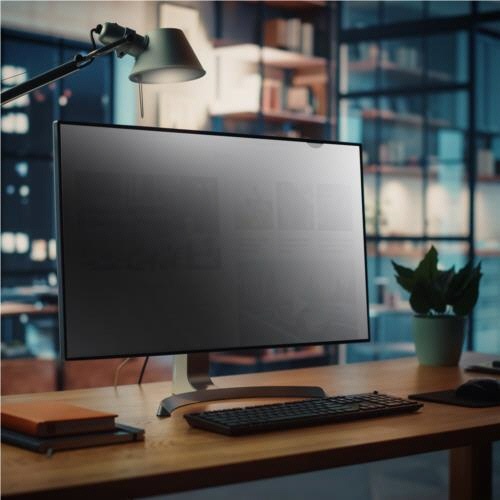 のぞき見防止プライバシーフィルター　31.5型対応　1枚 透明部分が確認できる、パッケージの上面に角度が付けられた状態