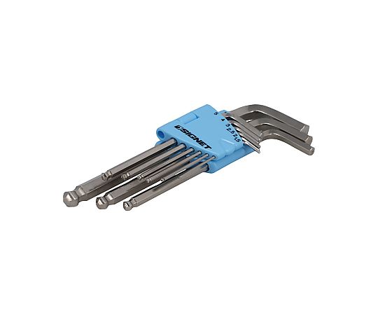 9PCS ステンレスボール付ロング六角棒レンチセット 工具が整然と並んだ状態、六角形の先端が確認できる。