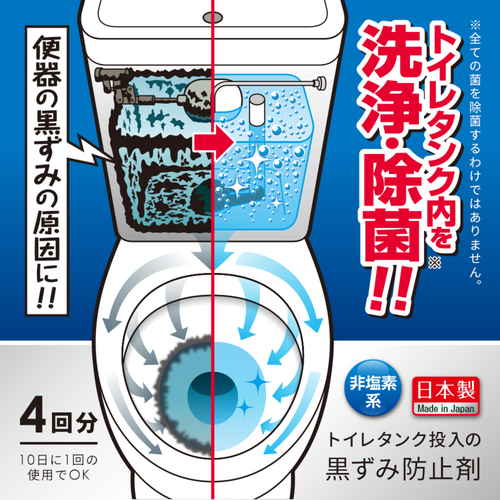 トイレ洗剤　トイレタンク投入の黒ずみ防止剤 白いパッケージに青いラベルがついた商品が立てて並んでいる様子