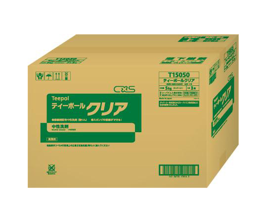 ティーポールクリア 1ケース(5kg／本×3本入り) 透明のパッケージに収められた複数のボトルが並んでいる様子