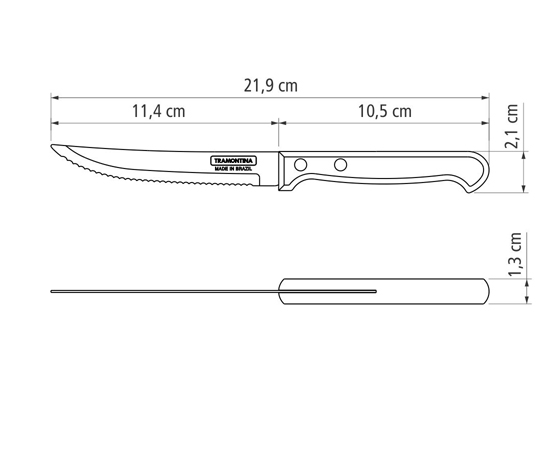 ステーキナイフ 22cm ポリウッドプラス ダークブラウン 刃渡りが際立つダークブラウンの取っ手が目を引く横向きのナイフ