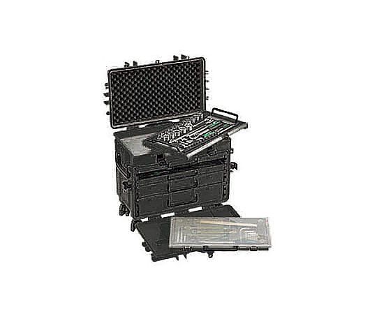 585x381x457mm ツールトロリー(ブラック) 前面から見たシンプルなデザインのトロリー、上段に収納されているツールが見える状態。