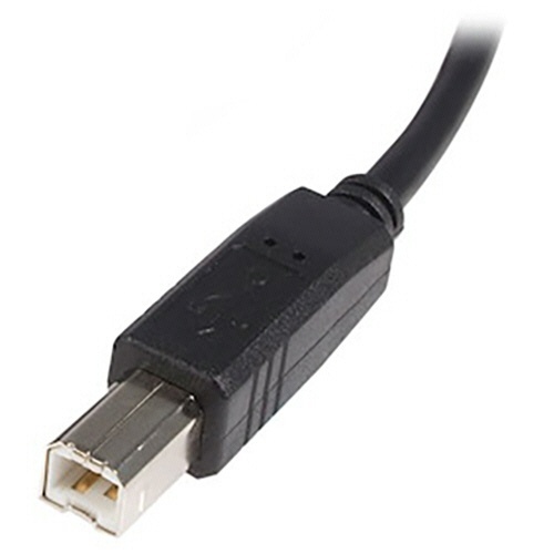USB2.0ケーブル　1m　Type　A(オス)-B(オス)　ブラック　1本 黒いケーブルが真上から撮影されている状態で、コネクタ部分もはっきり見える状況。