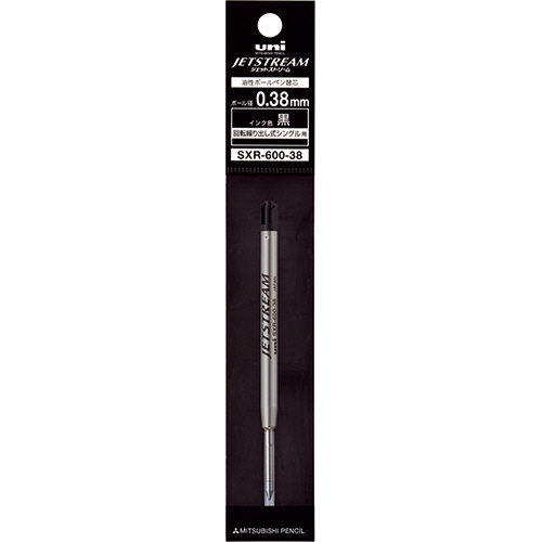 油性ボールペン替芯　0.38mm　黒　ジェットストリーム　プライム　回転繰り出し式シングル用　1本 黒いボールペン替芯が透明なパッケージに収められている様子