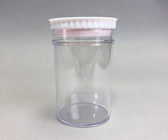 PSサンプル管瓶　250mL 透明なプラスチック瓶が正面から撮影されており、フタがしっかり閉まっている。