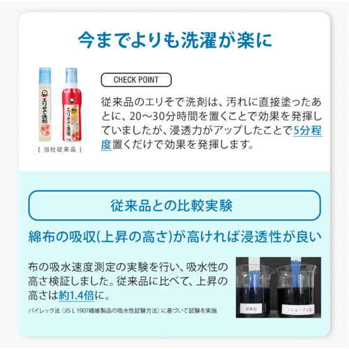 シミ抜き　染み抜き　クリーニング屋さんのエリそで洗剤　浸透力1.4倍 商品の正面に描かれたラベルが鮮やかに強調された状態
