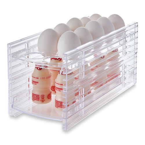 冷蔵庫収納　Stackable　Rack　スタックラック 透明なプラスチックで構成されたスタック可能なラックが、冷蔵庫内部で整理整頓された様子