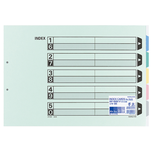ｶﾗｰ仕切ｶｰﾄﾞ(ﾌｧｲﾙ用･5山見出し) A3ﾖｺ 2穴 5色+扉紙 1ﾊﾟｯｸ(10組)画像