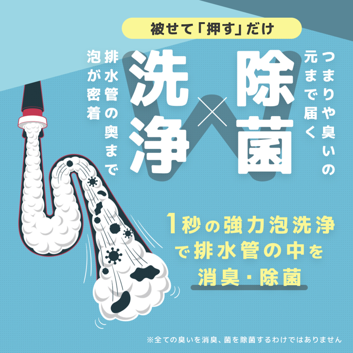 排水管洗剤　泡のジェット噴流で排水管きれい 液体が入った透明な容器、泡立ちが目立つ状態