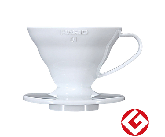 V60透過ドリッパー01 ホワイト 透明なプラスチック製のドリッパーが上を向いて置かれている様子