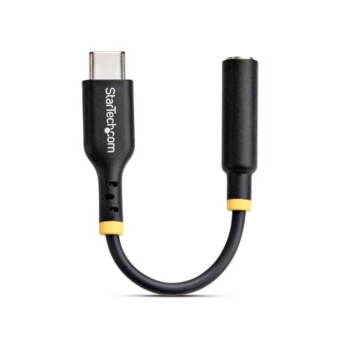 USB-C　3.5mmオーディオ変換アダプター　1個 黒いアダプターの上面が高角度から見える状態、端子部分が明瞭。