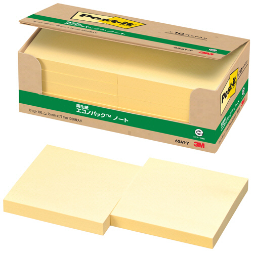 ﾎﾟｽﾄ･ｲｯﾄ ｴｺﾉﾊﾟｯｸ ﾉｰﾄ 再生紙 75×75mm ｲｴﾛｰ 1ﾊﾟｯｸ(10冊)画像