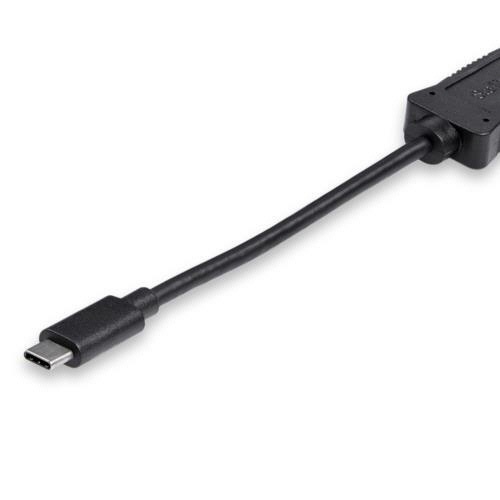 USB-C　-　eSATA　ケーブル　HDD/ODDなどの外付けストレージ機器専用　1m　1本 黒いケーブル1本が輪状にまとめられ、両端の金属コネクタを上向きにのぞかせた白背景の横置きの状態