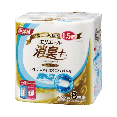 エリエールコンパクト 消臭+ W37.5m 8個 パッケージの正面にロゴが大きく表示された状態