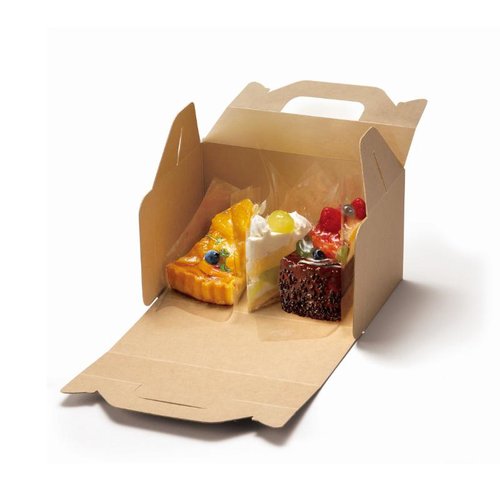 ケーキ箱 K-SK-1 クラウンパッケージ [ケース販売] 商品が並べられた側面、蓋が開いている様子が確認できる。