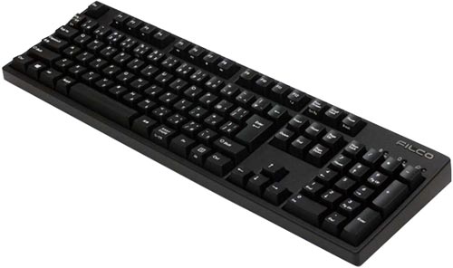 MajestouchConvertible赤軸日本 黒い機械式キーボードの側面が見え、トッププレートに赤いスイッチが配置されている様子。