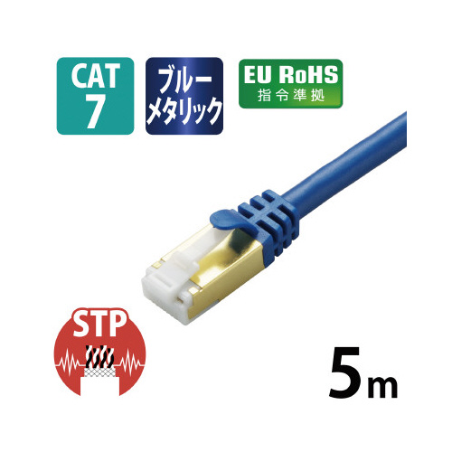 Cat7準拠 5m ブルーメタリック 鮮やかなブルーメタリックのコネクタ部分が見える状態