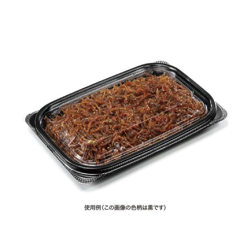 惣菜容器 バイオ リデュー 275B あさみ水色 リスパック 透明な容器に収められたフタ付きの惣菜、角度を変えた正面からのクローズアップ。