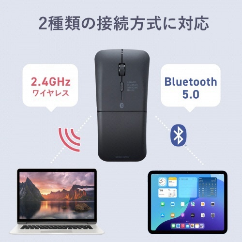 静音ワイヤレス　IR　LEDコンボマウス(3ボタン・薄型)　ブラック　1個 ワイヤレスマウスが上から見える状態、滑らかな表面と薄型デザインが際立つ