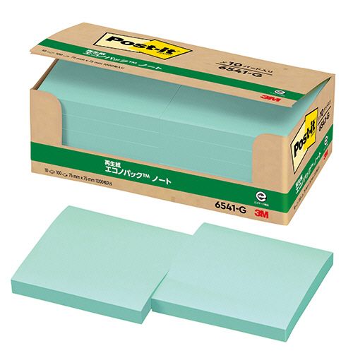 ﾎﾟｽﾄ･ｲｯﾄ ｴｺﾉﾊﾟｯｸ ﾉｰﾄ 再生紙 75×75mm ｸﾞﾘｰﾝ 1ﾊﾟｯｸ(10冊)画像