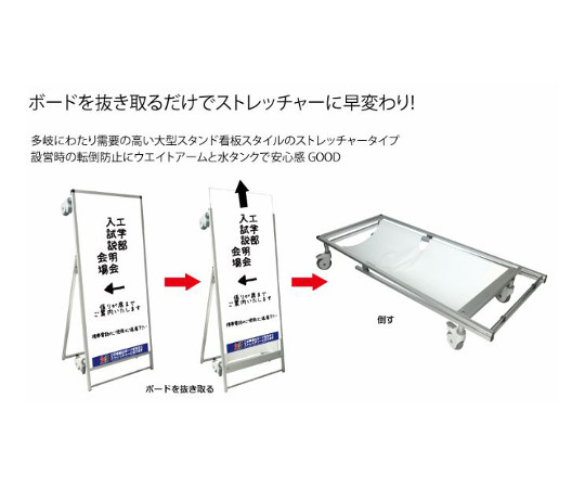 サポートサインスマート ストレッチャー ホワイトボード 白いボードがスタンドの上に立てかけられ、周囲の光が反射している様子。
