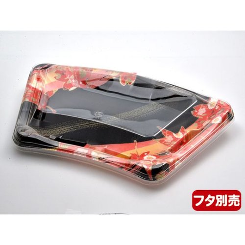 寿司容器 扇皿29-19(V1) 本体 風花赤 エフピコ 斜め上から見た、鮮やかな赤い色合いの皿