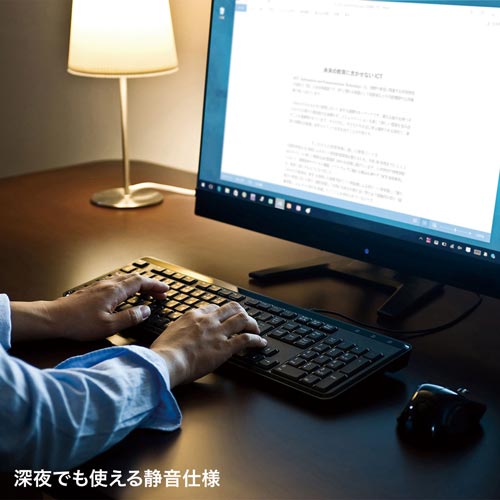 有線メンブレンキーボード　静音 フラットなキーと洗練されたデザインが見える状態