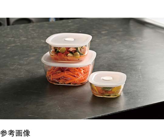 耐熱ガラス製密閉保存容器・角1200 16個入 透明な容器が整然と積み重ねられ、蓋がしっかり閉じられた様子
