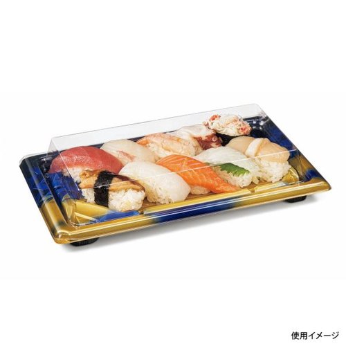 寿司容器 バイオ板長 2-5B きえん青 リスパック 透明な容器に収められた、青色の寿司が並んでいる様子