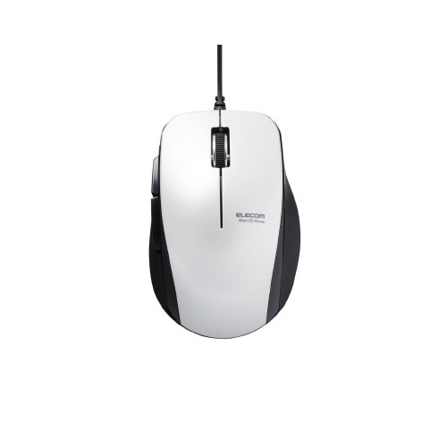 有線マウス 5ボタン 白 M-BL28UB 滑らかな表面を持つ白い有線マウスが正面から見える状態