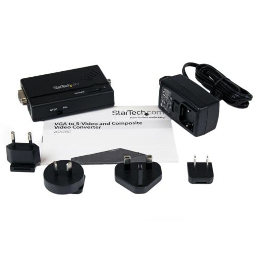 VGA-コンポジットS端子　ビデオコンバータ　1個 商品が横向きに並べられ、コネクタ部分が鮮明に見える様子