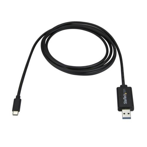 データリンクケーブル　2m　USB　C-USB　A　ブラック　1本 平らな面に置かれ、まっすぐに伸びた黒いケーブルの一端が見える状態