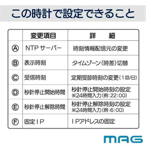 無線LAN大型掛時計 丸いフォルムで、白い文字盤と黒の針が対照的な姿