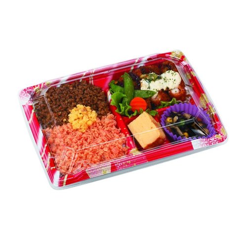 弁当容器 MS角弁 23-17-1 かなで赤 本体 エフピコチューパ 透明な容器の側面が見える状態で、赤いフタがかぶせられている様子。