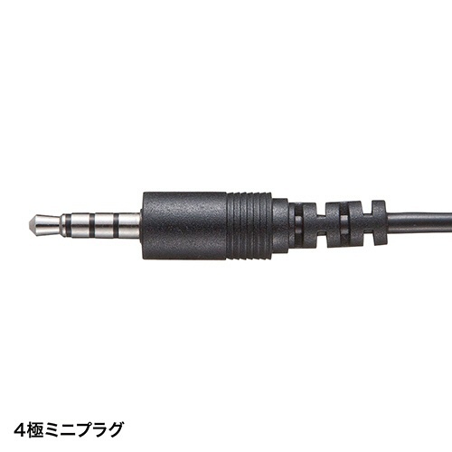 4極対応ヘッドセット　片耳タイプ　シルバー　1個 シルバーの片耳ヘッドセットが斜めから見える状態、ケーブルが絡まることなく整然と配置されている。