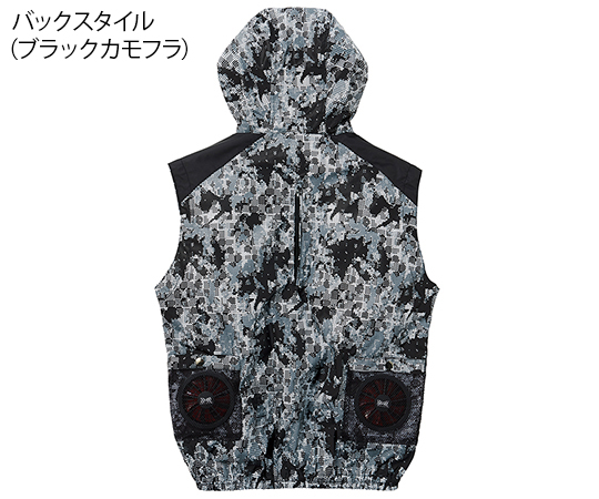 空調服ベスト　ブラック　S 前面から見たシンプルなデザインの衣服、ファスナーが閉じた状態。