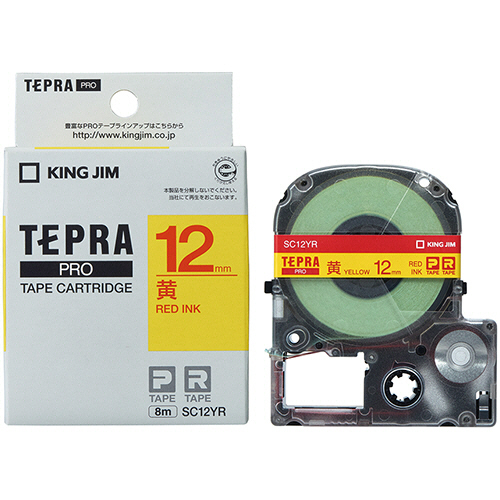テプラ　PRO　テープカートリッジ　パステル　12mm　黄/赤文字　1個 正面から撮影された黄色いテープに赤文字が印刷されたカートリッジ