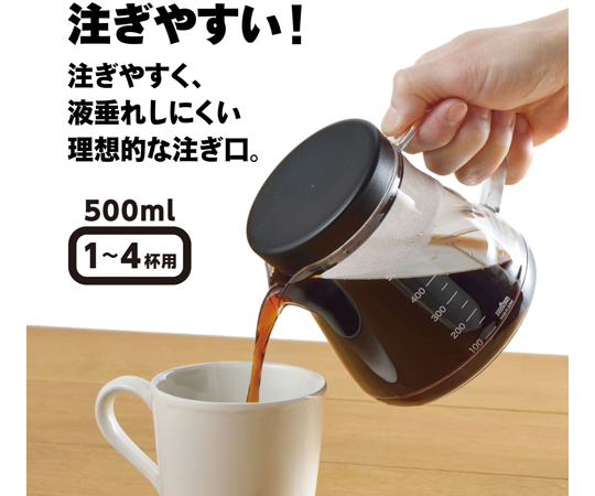 コーヒーサーバー ストロン500 2wayドリッパーセット ブラック 黒いコーヒーサーバーとドリッパーがスタイリッシュに配置され、上部に注ぎ口と取っ手に焦点を当てた様子。