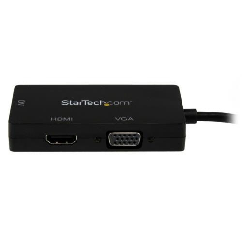 Mini　DisplayPort-VGA/DVI/HDMI変換アダプタ　1個 黒いアダプタが正面から見える状態、接続端子が並んでいる様子。
