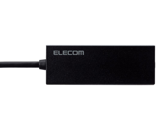 有線LANアダプタ　Giga対応　USB　5Gbps　Type-A　ブラック ケーブル接続口が見える上面の角度から撮影されたデバイス